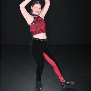 Red and black fringe and rhinestone custom tap costume